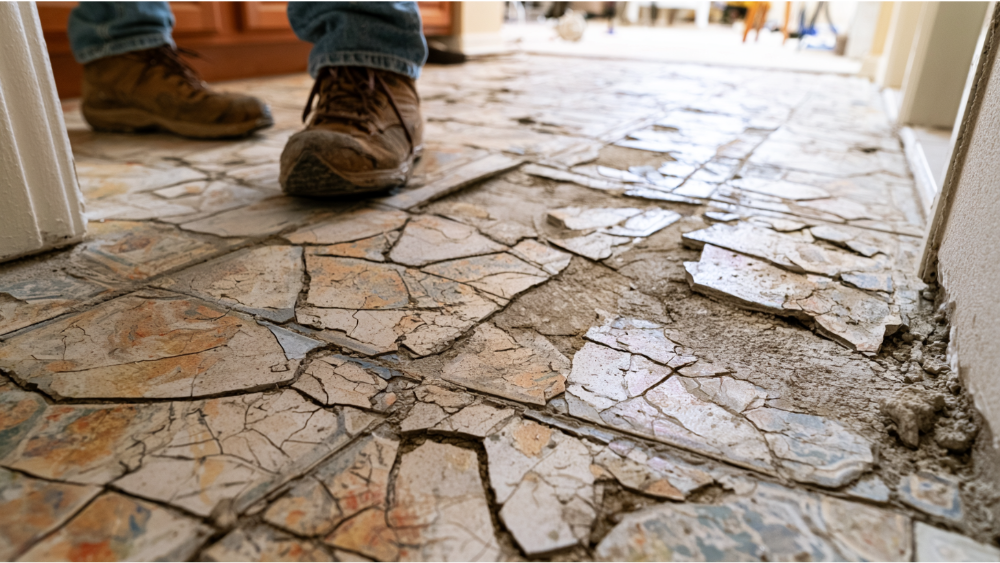 Loose, cracked ceramic floor tiles with damaged grout and water stains requiring removal before installing new tile.