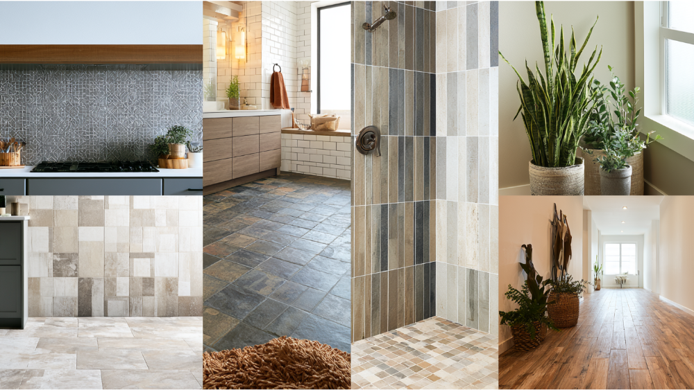 Comparison of floor tile, kitchen backsplash, bathroom floor, and shower wall tile installation projects in a residential home.
