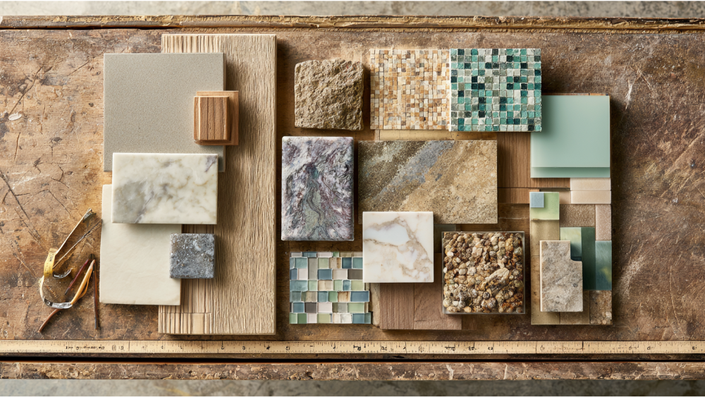 Ceramic, porcelain, marble, mosaic, glass, and natural stone tile samples.