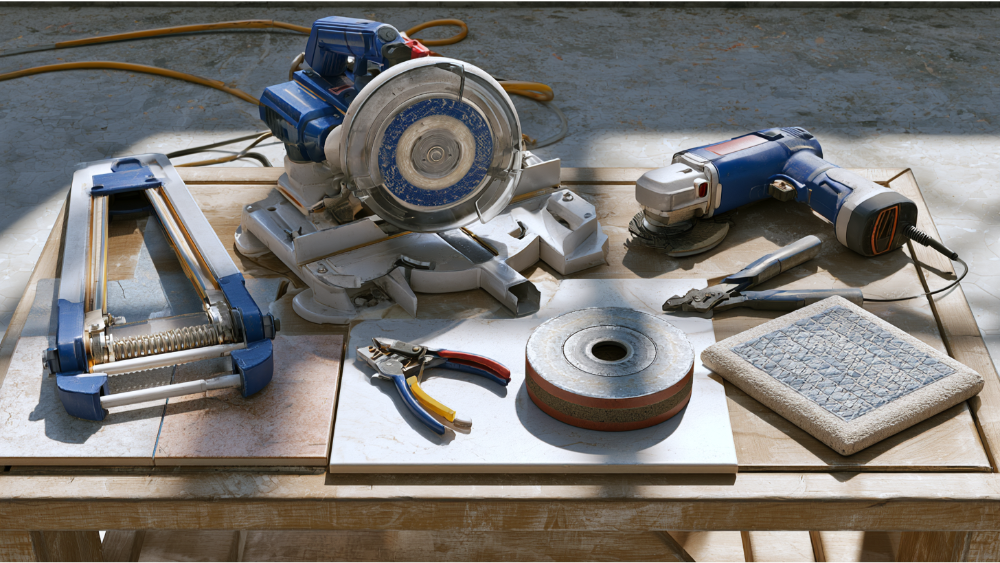 Manual tile cutter, wet saw, angle grinder, tile nippers, and diamond hole saw for tile cutting.