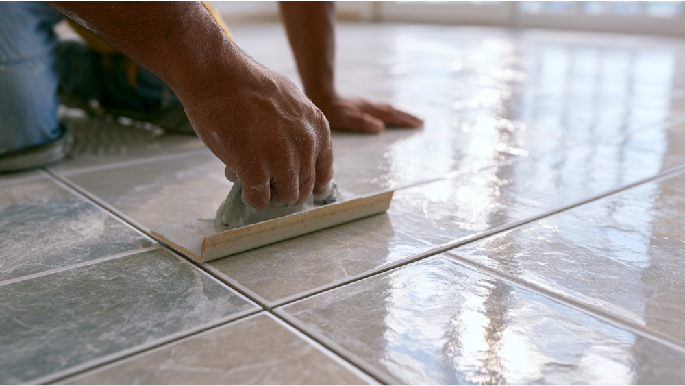 Applying grout to newly installed porcelain floor tiles with a rubber grout float.