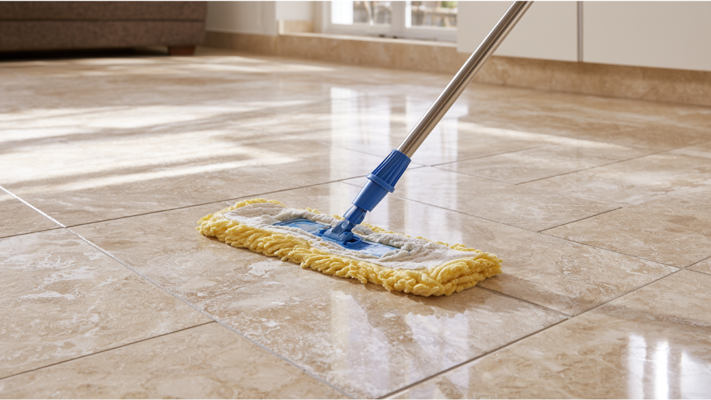 Cleaning a travertine tile floor with a microfiber mop and pH-neutral natural stone cleaner to prevent etching.