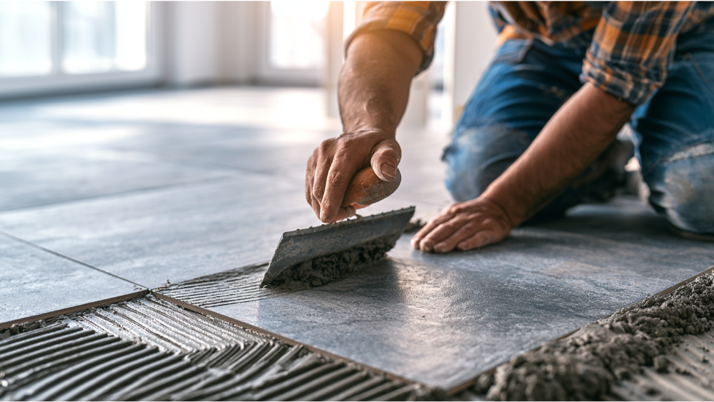 Professional installing large-format porcelain floor tiles over a prepared subfloor using thinset mortar.