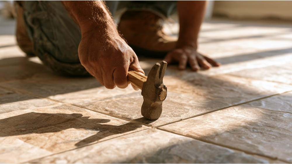 Contractor performing a tile bond inspection by tapping ceramic floor tiles and checking for loose or hollow spots before tile installation.