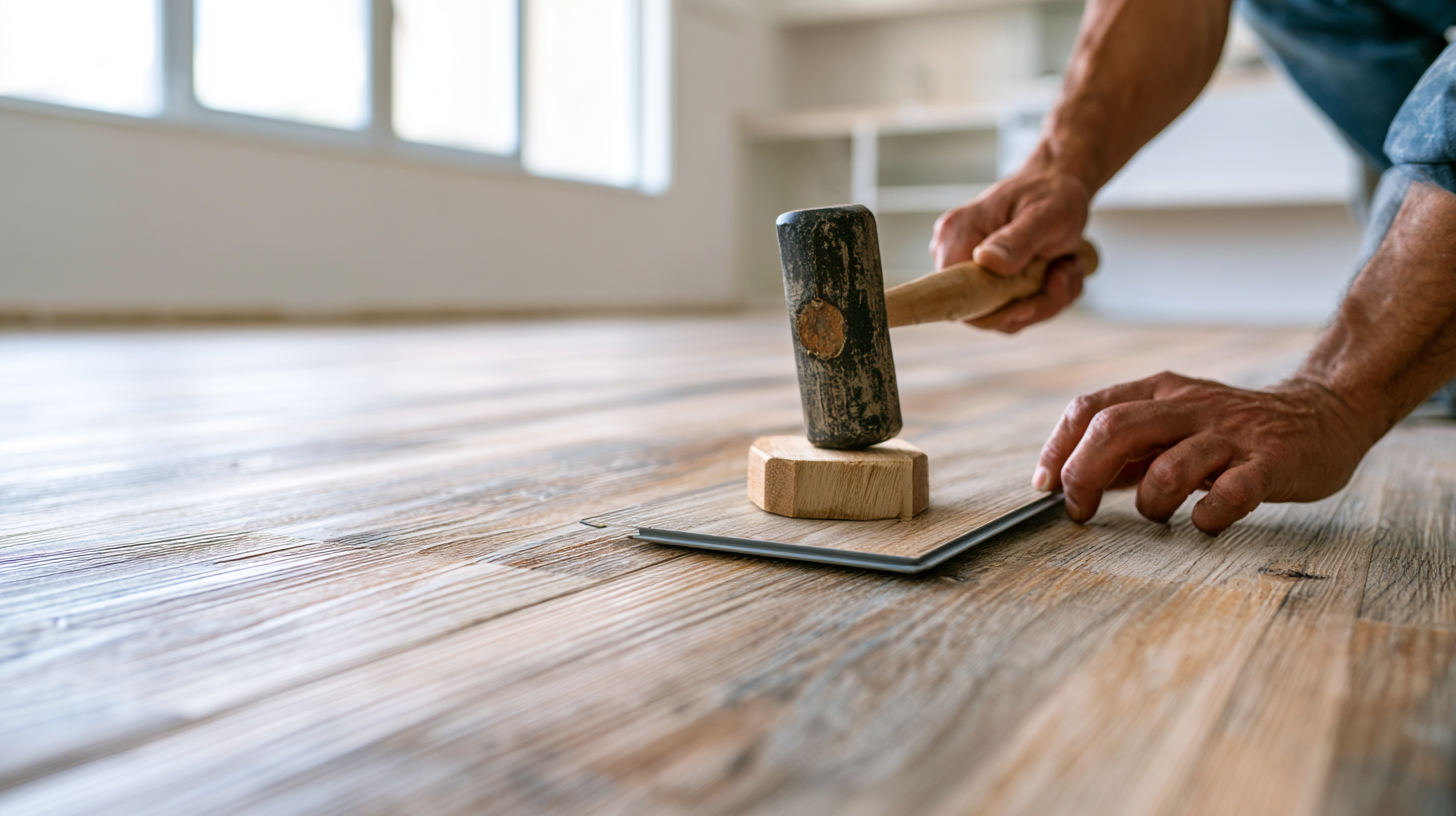 Hands locking vinyl plank flooring boards together during installation