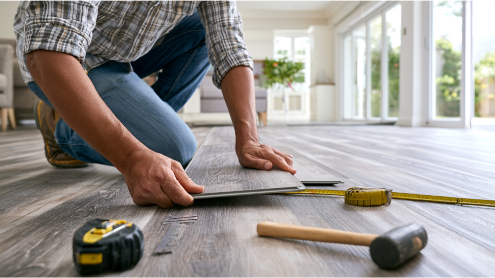 Homeowner installing luxury vinyl plank flooring in a modern living room