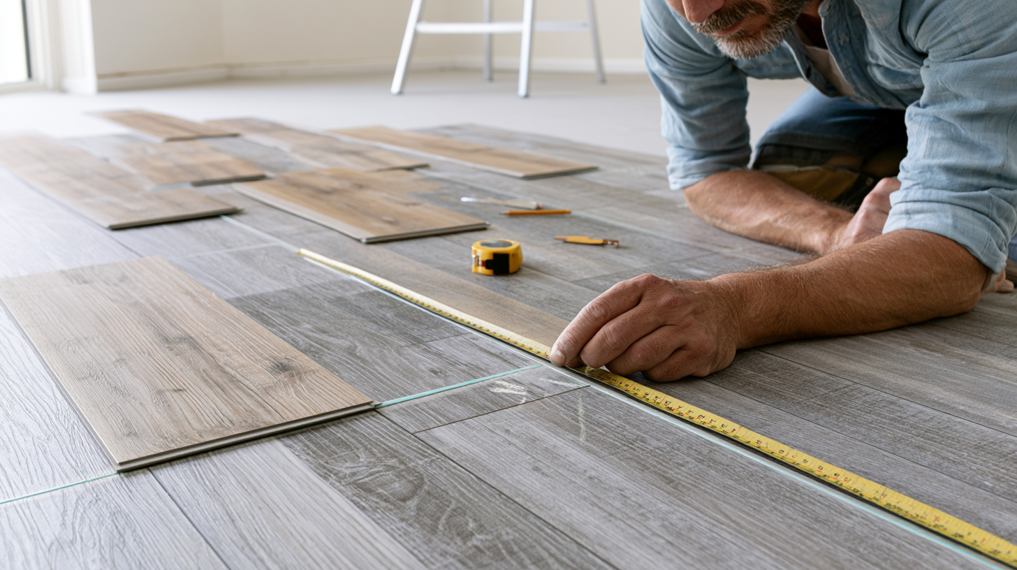 Homeowner measuring and planning vinyl plank flooring layout before installation