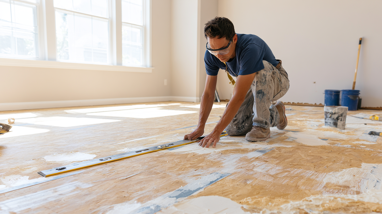 Worker leveling and preparing a clean subfloor before installing vinyl plank flooring