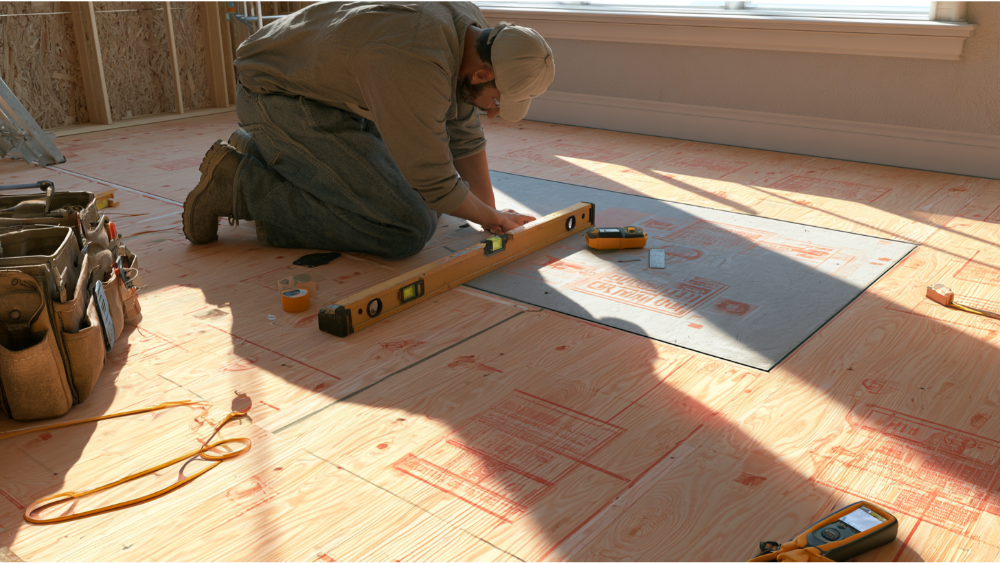 Contractor checking a plywood subfloor before installing ceramic floor tile.