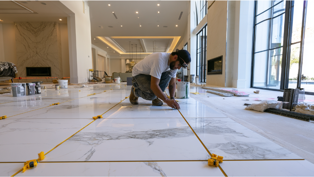 Professional tile installer laying large-format porcelain floor tiles in a residential home.