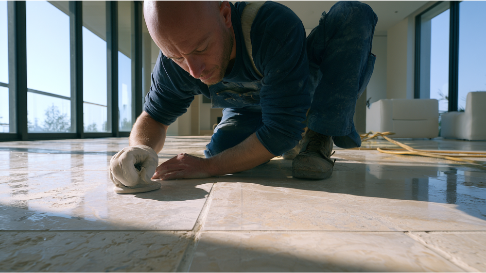 Professional inspecting etched travertine tiles before polishing and restoring the natural stone surface.