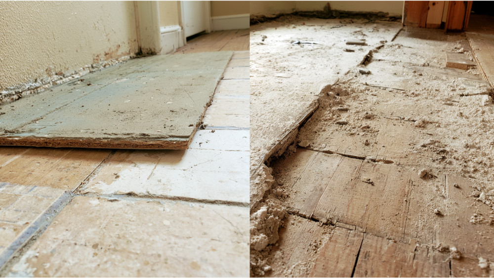 Comparison of a flat prepared tile subfloor and an uneven dusty surface before tile installation.
