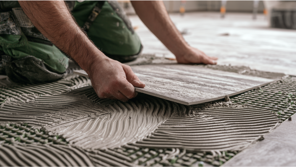 Installer checking thinset mortar coverage beneath a porcelain tile with directional trowel ridges and tile spacers for proper adhesion.