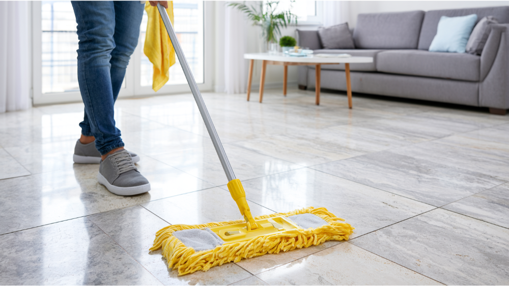 Homeowner cleaning travertine floor tiles with a damp microfiber mop and drying the surface with a soft cloth.