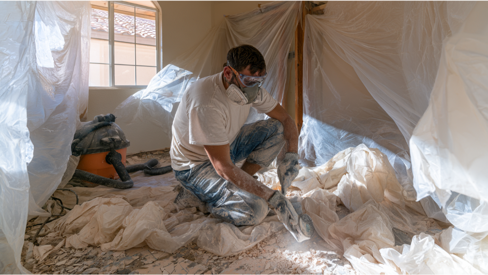 Worker wearing respirator, gloves, and safety goggles while removing tile with plastic dust barriers and HEPA vacuum protection.