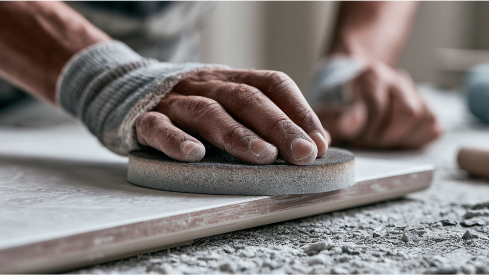 Smoothing a freshly cut porcelain tile edge using a diamond hand pad and rubbing stone.