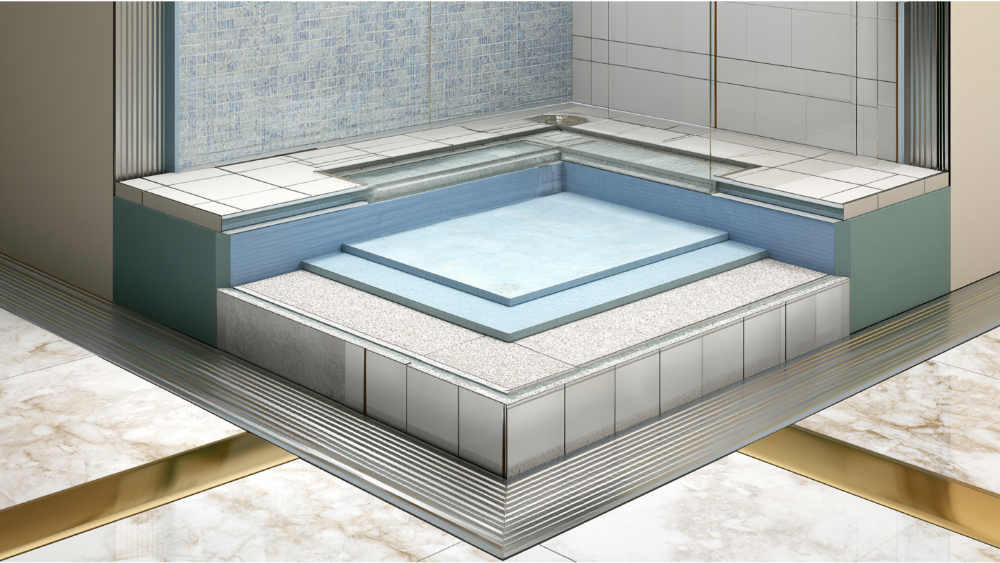 Cross-section showing waterproof membrane, expansion joints, grout, and tile installation layers inside a shower.