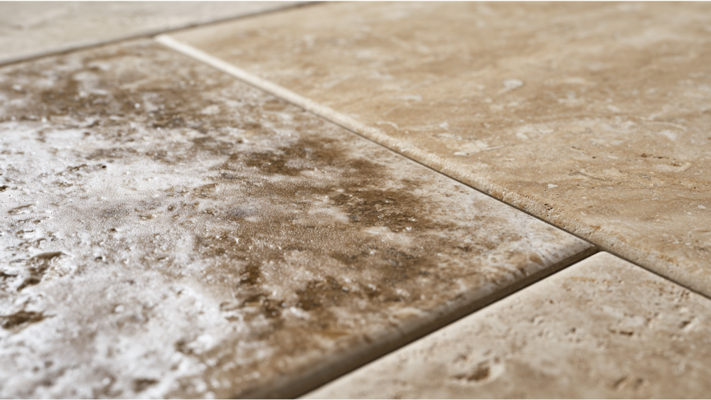 Comparison of etched and undamaged travertine tile showing dull spots caused by acidic cleaners.