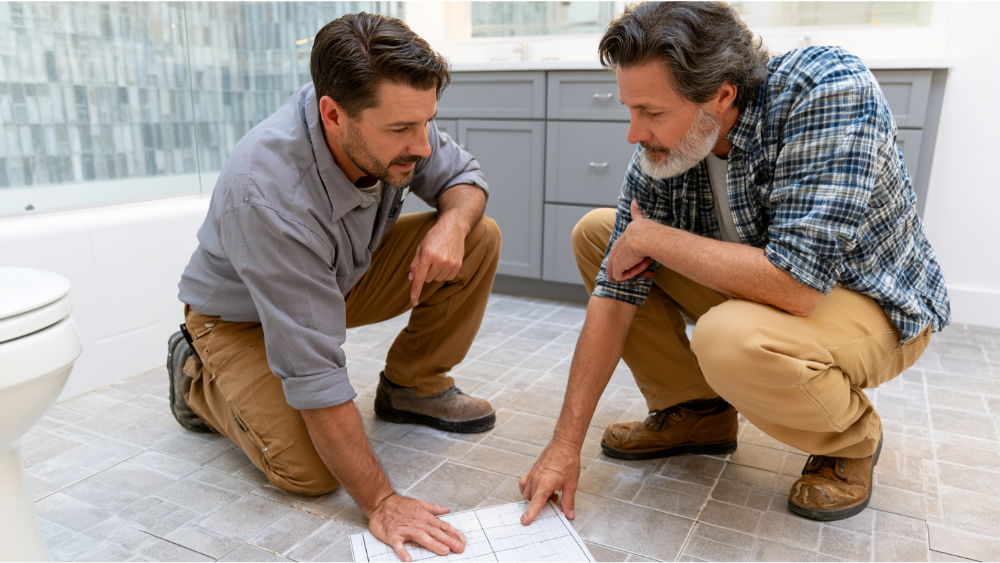 Professional tile contractor inspecting a completed bathroom tile installation with a homeowner.